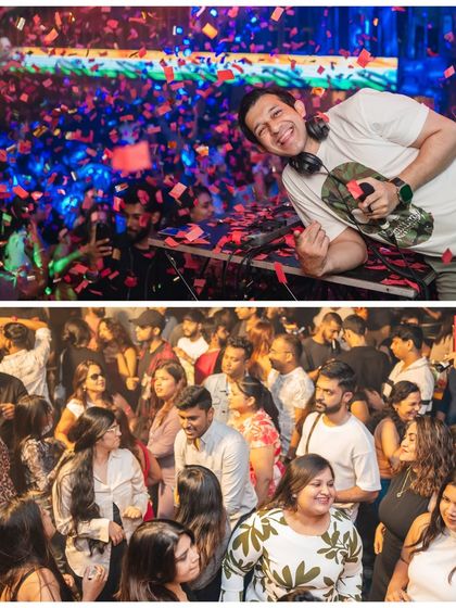 A collage capturing the dual essence of my nights at Happy Brew: me at the console and a dance floor full of happy faces. It's all about that shared experience.