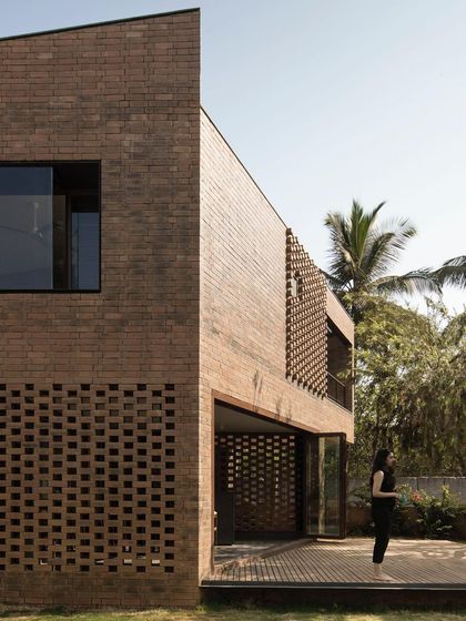 The facade of the Brick House in Bangalore showcases our obsession with material craft. The design combines smooth brickwork with perforated jaali screens and textured, protruding brick patterns.