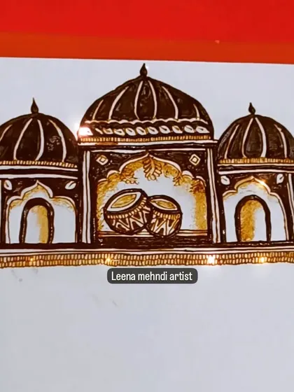 A beautiful shehnai-themed design, perfect for a wedding. This motif depicts traditional drums (dhol) inside an architectural frame, evoking the sounds of a celebration.