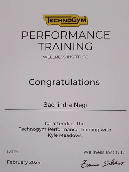 My certificate for completing the Technogym Performance Training program, focusing on advanced athletic development.