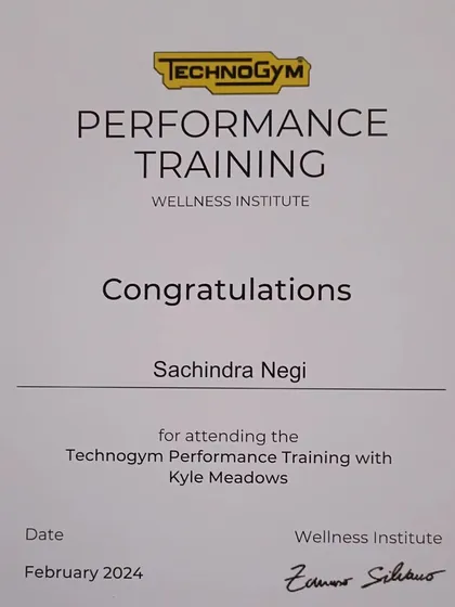 My certificate for completing the Technogym Performance Training program, focusing on advanced athletic development.