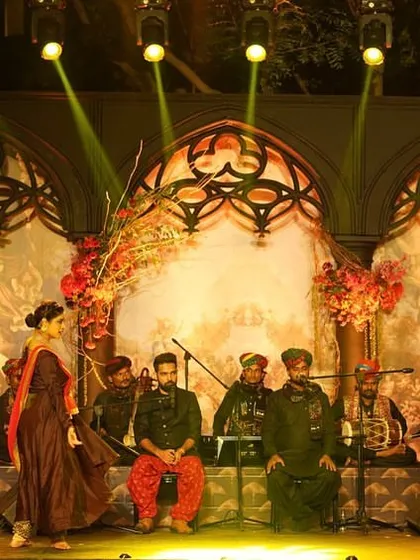 The full stage setup for our 'Flamenco Sufi India Project'. The beautiful backdrop and lighting create the perfect atmosphere for this spiritual and artistic fusion.