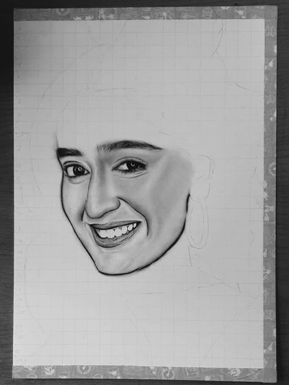 See how I drew Niharika NM's portrait. These images show the process from the initial grid and eye sketch to the final rendering of her hair and smile.