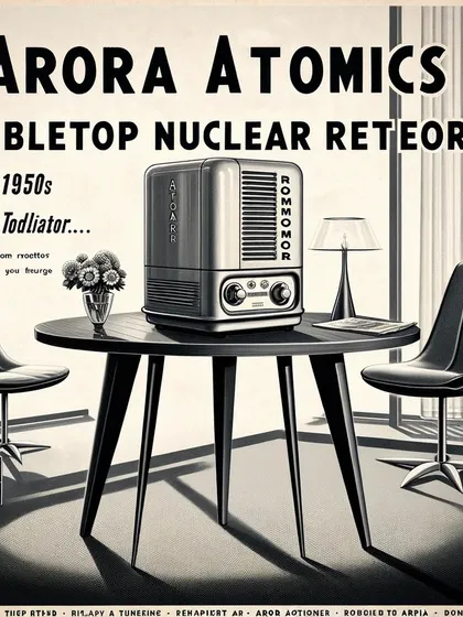 Another ad concept for a tabletop nuclear device from Arora Atomics, showcasing different models and designs.