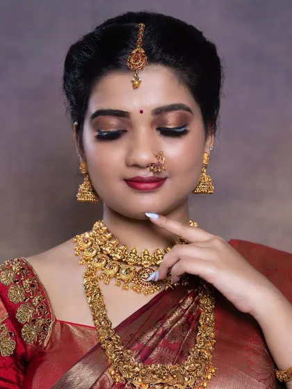 A close-up of the makeup done by my student. It shows a great understanding of the techniques I teach for achieving a flawless bridal finish.