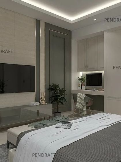 A closer look at the integrated TV unit and study desk, which are designed to blend perfectly with the room's overall neutral and sophisticated aesthetic.