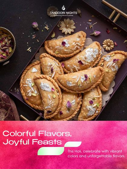 Colorful flavors for a joyful Holi feast. Our exquisite Gujiyas, garnished with silver leaf and rose petals, are an unforgettable part of our festive menu.