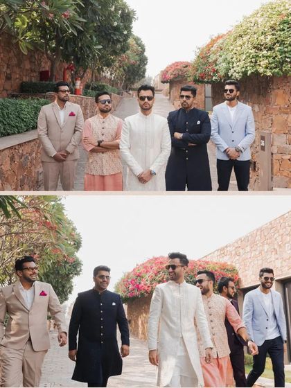 A collage of the groom and his groomsmen, looking sharp and stylish as they walk through the venue.