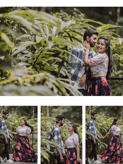 A collage of a couple's pre-wedding shoot in a lush, green location, capturing their playful and romantic interactions.