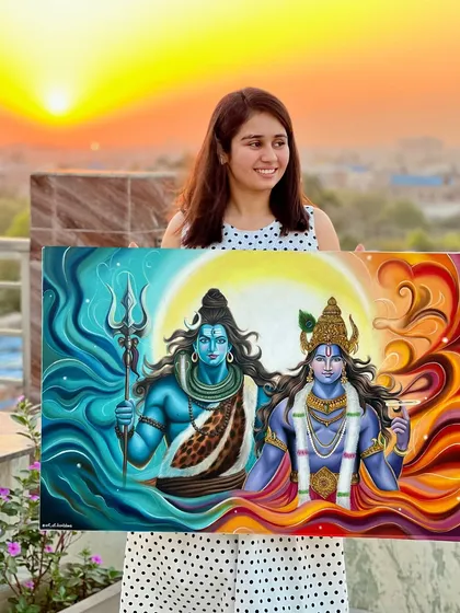 Holding my 24 by 36-inch Hari-Hara oil painting, a paid commission delivered to a client in Australia.