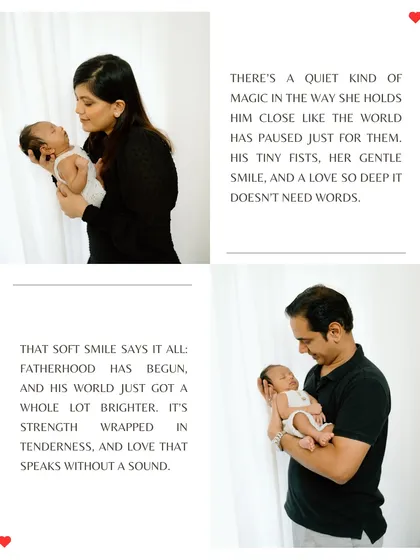 I love creating story-like collages that show both parents in their new roles. Here, we see the soft smiles and gentle holds that speak volumes about their new journey into parenthood.