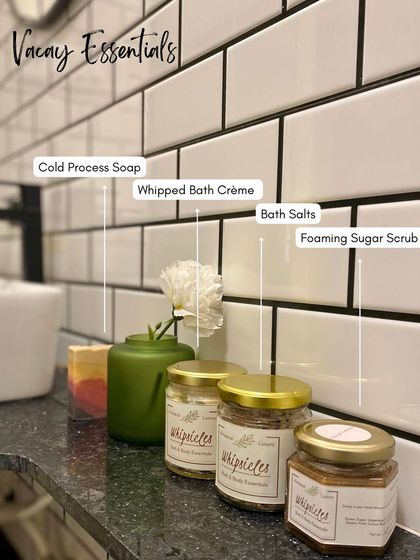 All your vacation essentials in one place. Our cold process soap, bath salts, whipped bath crème, and foaming sugar scrub are perfect for eco-friendly self-care on the go.