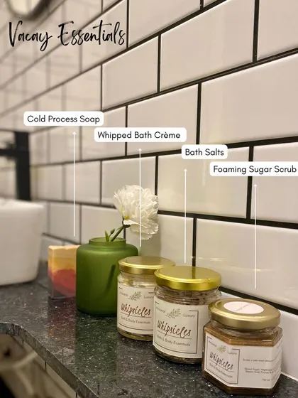 All your vacation essentials in one place. Our cold process soap, bath salts, whipped bath crème, and foaming sugar scrub are perfect for eco-friendly self-care on the go.