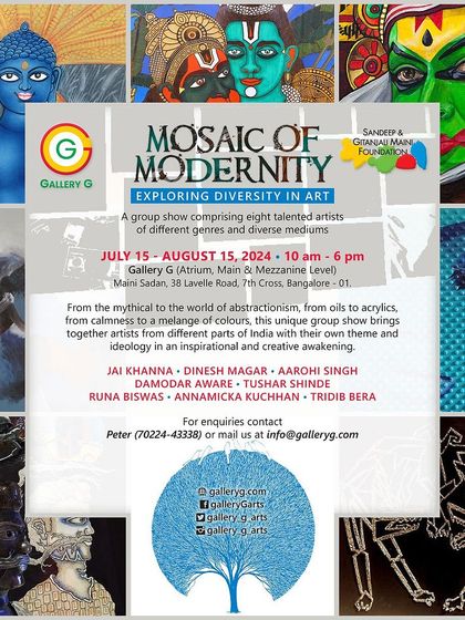 The official poster for 'Mosaic of Modernity,' a group show featuring eight talented artists exploring diverse genres, themes, and mediums.
