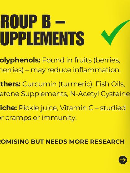 Group B supplements show emerging evidence but need more research. This category includes polyphenols from fruits, curcumin from turmeric, and fish oils, which may help reduce inflammation and support recovery.
