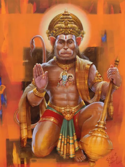 Spiritual art is a deep passion of mine. This acrylic painting, "Sankatmochan Hanuman," blends traditional iconography with a contemporary feel, using vibrant colors to convey divine energy. This piece is now part of the Prafulla Dahanukar Art Foundation collection.