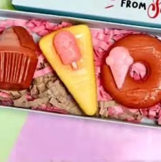 Sweet treats for the bath. This gift box features my dessert-themed soaps, including a cupcake, a slice of cake with a popsicle, and a donut with an ice cream cone. They are a fun, calorie-free indulgence.
