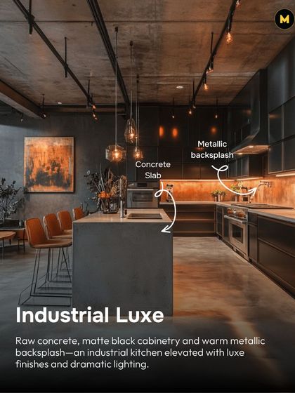 This industrial luxe kitchen combines raw concrete, matte black cabinetry, and a warm metallic backsplash. The dramatic lighting elevates the industrial elements for a sophisticated finish.