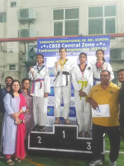 The winners' podium at the CBSE Central Zone Taekwondo Championship. It's always a proud moment to see our students' achievements recognized.