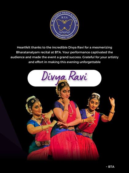 A collage celebrating the mesmerizing Bharatanatyam recital by guest artist Divya Ravi. Her captivating performance was a grand success and an unforgettable evening of classical artistry for our students and guests.