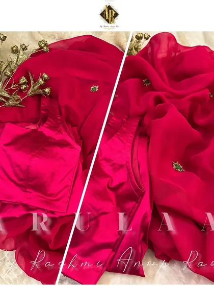The final look of the custom pink organza saree with its matching plain blouse. A simple, elegant, and classy set for any occasion.