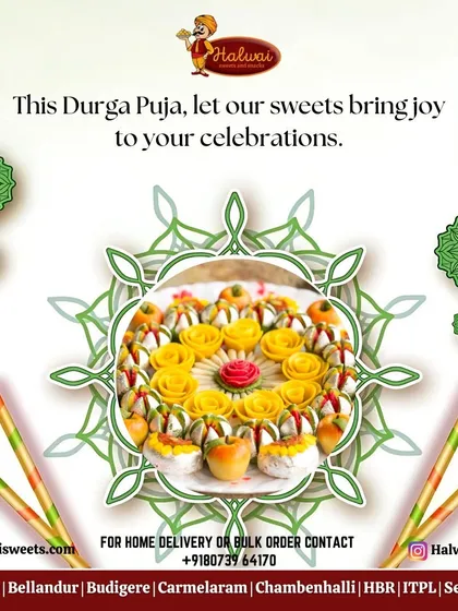 This Durga Puja, let our sweets bring joy to your celebrations. This beautifully arranged platter of assorted mithai is perfect for offering and sharing with loved ones.