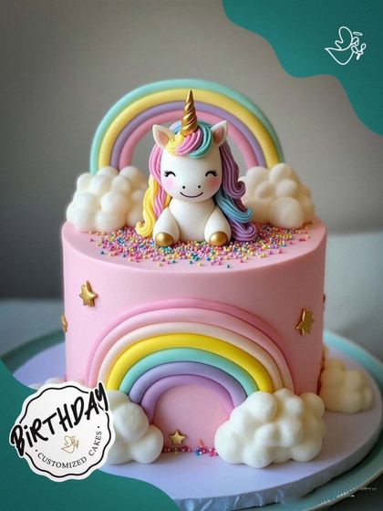A cheerful unicorn and rainbow cake in pretty pastel colors. The smiling unicorn and fluffy clouds make this a wonderfully cute and happy cake for a special birthday.