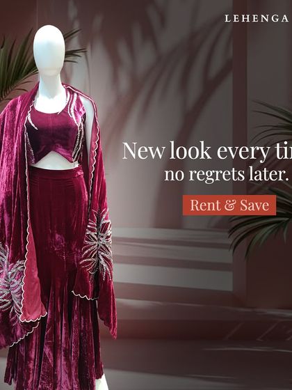 New look every time, no regrets later. This luxurious velvet sharara set in a deep wine color is a regal and stylish choice for a winter wedding or reception.