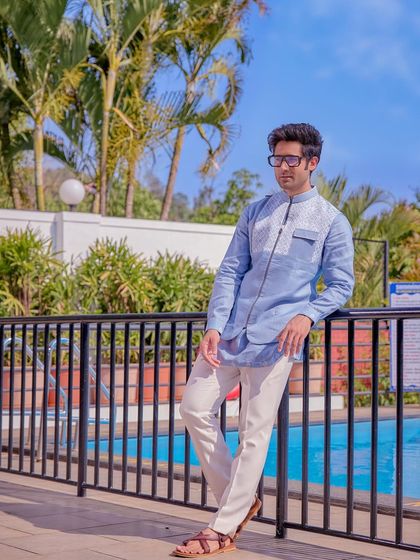 Light, luxe, and perfect for a day wedding. This light blue textured kurta set from the Sukoon collection is all about breezy elegance for a Haldi, Mehendi, or outdoor ceremony.