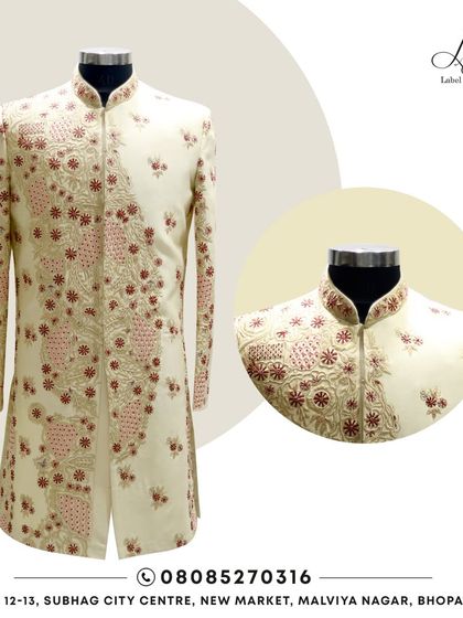 Redefine your style with a custom sherwani where each thread tells a tale of majestic grandeur. This piece showcases intricate embroidery on the collar and front panel.