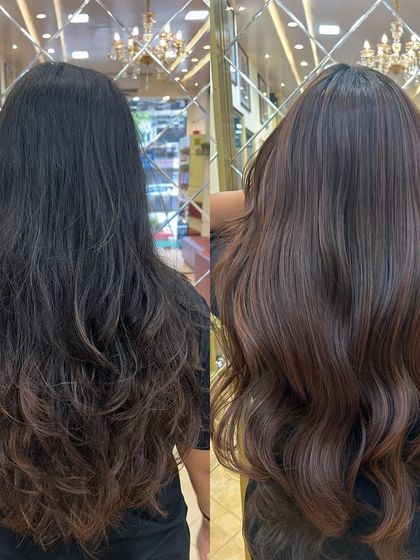 A direct before and after of the global Cinnamon Brown transformation. The change is stunning, adding so much richness and shine.