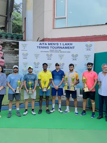 The lineup of winners and finalists at the AITA Men’s 1 Lakh Tennis Tournament. Having our players compete and succeed at this level is what we strive for.