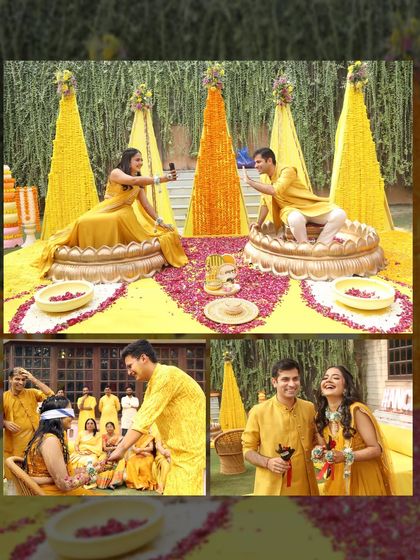 A collage of a fun-filled Haldi ceremony. It shows the couple taking selfies, playing with flowers, and sharing laughs, capturing the modern and playful side of the tradition.