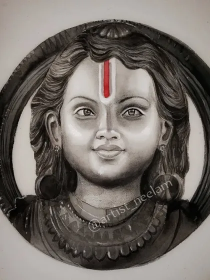A monochrome portrait of Ram Lalla, capturing his divine and gentle smile. This drawing was my tribute to the Ayodhya Ram Mandir.