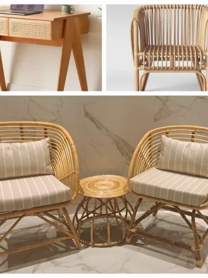 This collage showcases our versatile rattan furniture, including a cane-paneled desk, a classic armchair, and a complete seating set with striped cushions. It highlights our ability to furnish different areas of the home with cohesive, eco-friendly pieces.
