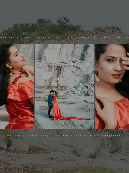 A moody and artistic collage with a dark overlay. This style of editing enhances the dramatic feel of the quarry location and focuses on the romantic poses of the couple.