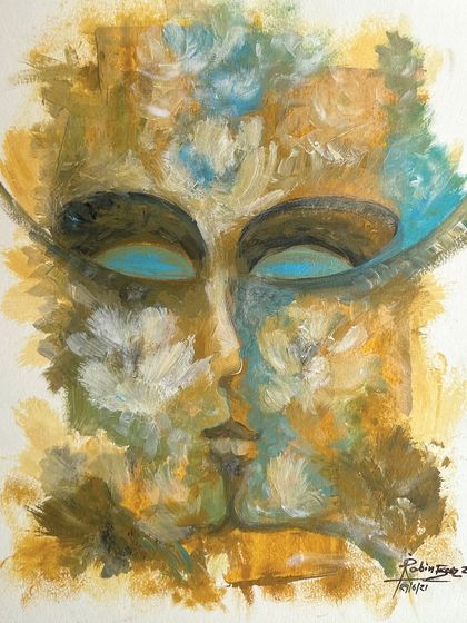 An abstract portrait in acrylic on paper, using a palette of white, blue, and gold to create a textured and serene face. This piece has been sold.