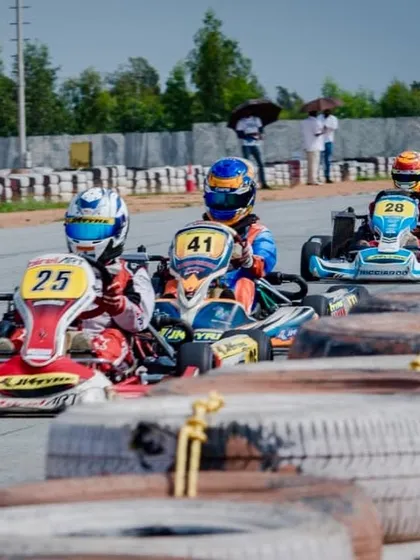 Our drivers showcasing their skills in a competitive pack during a Rotax Indian Championship race.