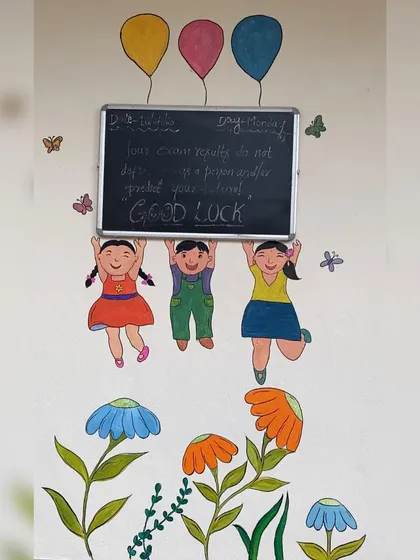 We had so much fun beautifying the walls of Ikshana Patashala, a preschool. We painted several murals, including a welcome wall with kids and flowers, and a large "tree of knowledge" doodle, to create a playful and inspiring environment.
