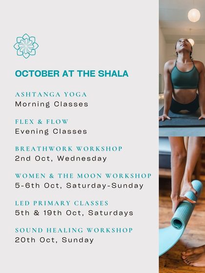 Our October schedule, packed with opportunities to nourish your mind, body, and soul, from regular classes to workshops on sound healing, breathwork, and moon energy.