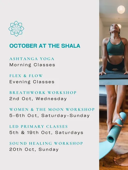 Our October schedule, packed with opportunities to nourish your mind, body, and soul, from regular classes to workshops on sound healing, breathwork, and moon energy.