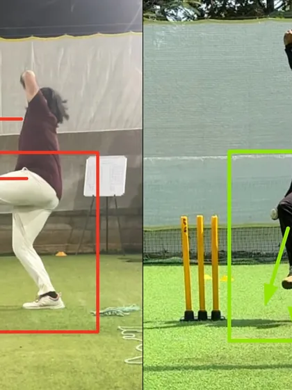 A key change for this off-spinner was achieving an efficient non-bowling arm lift and forward weight transfer. You can see how this corrected his backward lean and improved his overall body position.