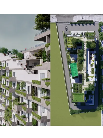 An exterior rendering and site plan for the Urban Nest concept. The design features staggered balconies and green terraces, which not only enhance the facade's attractiveness but also symbolize the importance of social interaction and connection to nature.