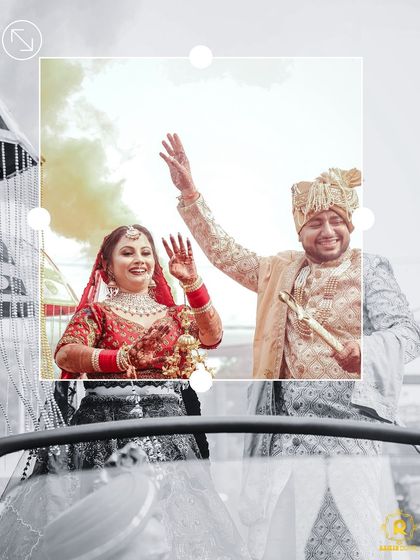 A joyful moment captured with the groom in our classic beige sherwani. The outfit's design allows for comfort and movement, perfect for celebrating your big day.
