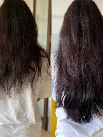 The difference a little volume can make is incredible. This before and after shot shows how a 160gm clip-on set adds healthy-looking fullness and length, blending perfectly with her natural hair.