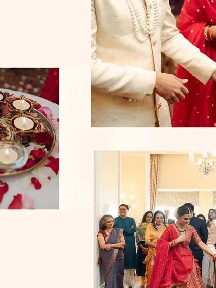 A collage showcasing the details of a personalized ceremony. It features the lighting of lamps, a modern interpretation of the seven pheras, symbolizing the couple's journey together.