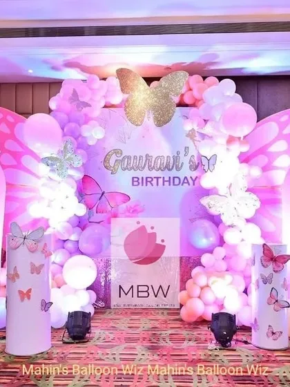 Butterfly themes are pure magic. For this party, I created an enchanting atmosphere with large, custom-made butterfly wing props, a sparkling backdrop, and a soft pink and lavender balloon garland to make the birthday girl's dreams take flight.