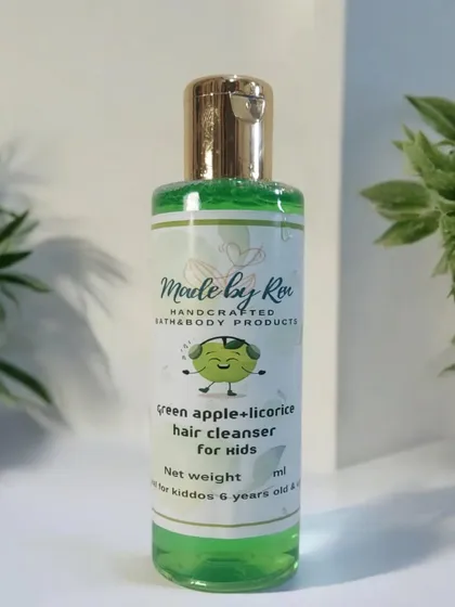 Here is another variant of my hair cleanser for kids. This one features a mild green apple fragrance and is also made with gentle licorice extracts. It's a safe, nourishing, and SLS-free option for your child's haircare needs.