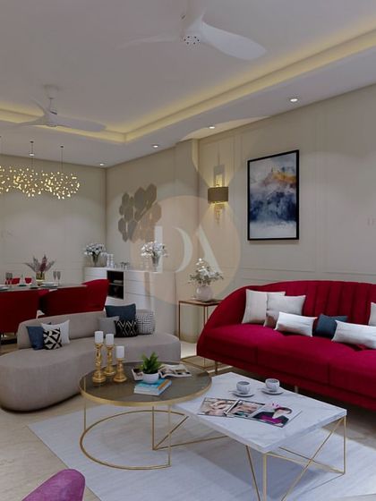 Another view of the red-themed living and dining room concept. The open layout connects the two spaces, while the consistent use of red accents creates a cohesive and powerful design statement.
