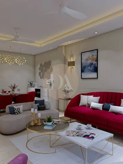 Another view of the red-themed living and dining room concept. The open layout connects the two spaces, while the consistent use of red accents creates a cohesive and powerful design statement.